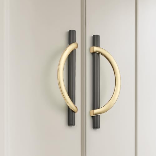 HOME EDIT Brushed Gold & Grey Cabinet Pulls Curved, 5 Inch/128 mm, 10 Pack - color: Brushed Brass & Pearl Grey, size: 5 Inch Hole Center