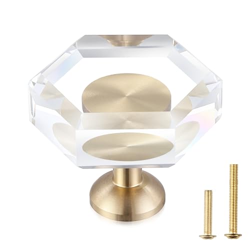 Guank 2-Pack Brass Base Crystal Drawer Knobs,Glass Crystal Gold Cabinet Knobs,1-5/16-Inch Hexagon,Kitchen Hardware Pulls, Modern Bathroom Hardware knob - color: hexagonal-1.2inch, size: 2 Pack