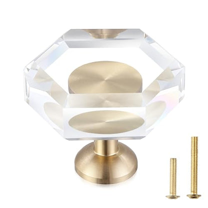 Guank 2-Pack Brass Base Crystal Drawer Knobs,Glass Crystal Gold Cabinet Knobs,1-5/16-Inch Hexagon,Kitchen Hardware Pulls, Modern Bathroom Hardware knob - color: hexagonal-1.2inch, size: 2 Pack