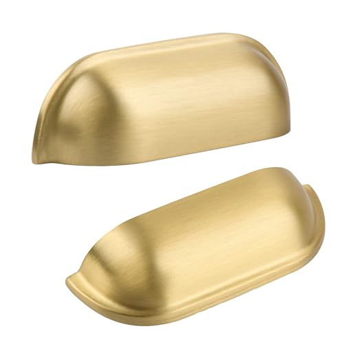SALISENG-Brushed Matt Gold Kitchen Cabinet Drawer Cup Pulls 5 Pack, 2-1/2 inch Small Solid Brass Cup Knobs for Cupboard Wardrobe, Classic Dresser Vanity Door Handles, Furniture Hardware - color: Brushed Brass, style: 5 Pack