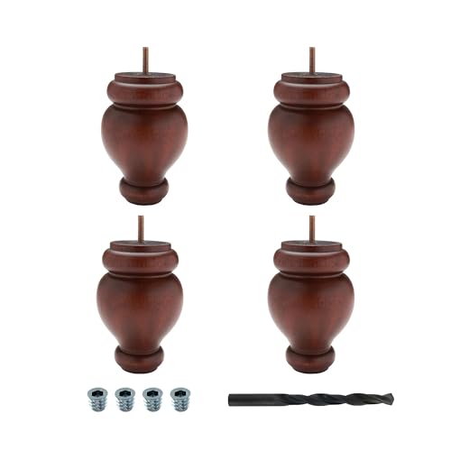 OUTWATER 6 in. H x 4 in. Dia Stained Cherry Solid Hardwood Bun Foot Leg for Furniture 4 Pack with 4 Free Insert Nuts and Drill Bit - color: Cherry