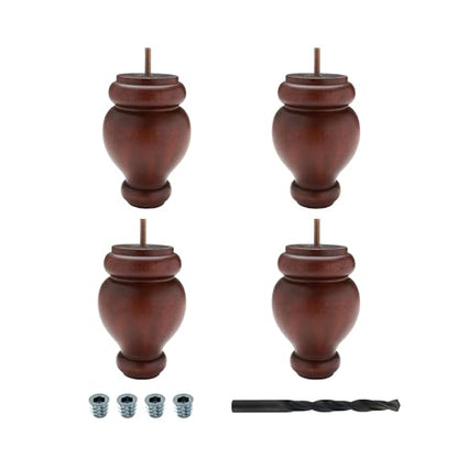 OUTWATER 6 in. H x 4 in. Dia Stained Cherry Solid Hardwood Bun Foot Leg for Furniture 4 Pack with 4 Free Insert Nuts and Drill Bit - color: Cherry