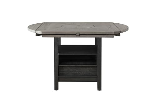 5pc Counter Height Dining Set Storage Table Single Pedestal Round Black Gray Natural Grain Integrated Turntable Drop Leaves Built in Shelving Fabric Upholstery Chairs