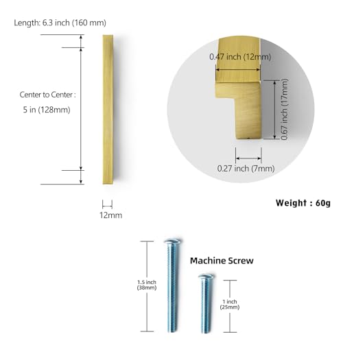 Goo-Ki 12pcs Cabinet Handles Brushed Gold Finger Pulls Drawer Pull - 5 in (128mm) Hole Centers Kitchen Hardware Bar Cabinet Pulls Solid Aluminum Material - color: Brushed Gold, size: 5 Inch Hole Center