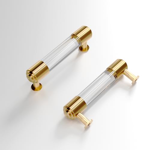 Modern Brass and Acrylic Kitchen Cabinet Pulls 3 Inch Hole Center 4Pack Elegant Gold Drawer Handle Charming Dresser Knob for Closet Cupboard Wardrobe Laundry Room Bathroom - size: Double Hole: 3 Inch