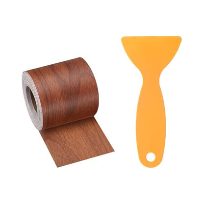 Wood Grain Repair Tape 2 Inch x 33ft Self Adhesive Repair Patch Tape Simulated Wooden Floor Tapes with Plastic Scraper for Tables Doors Windows Furniture, Bright Brown Wood