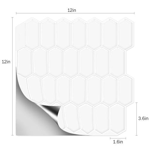 10-Sheet Long Hexagon Peel and Stick Kitchen Backsplash Tiles - color: White