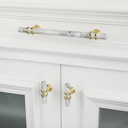 Rergy 10 Pack Cabinet Handles, White Marble & Polished Gold Pulls, 3" - color: White Marble & Gold, size: 3 inch (76mm) Hole Center