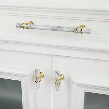 Rergy 10 Pack Cabinet Handles, White Marble & Polished Gold Pulls, 3" - color: White Marble & Gold, size: 3 inch (76mm) Hole Center