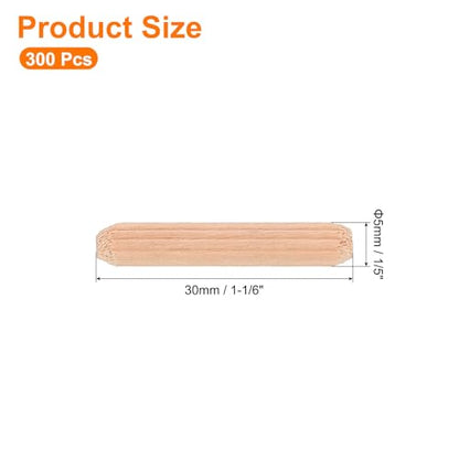 uxcell 300Pcs 1/5" x 1-1/6" Wooden Dowel Pins, Wood Dowels Rods, Furniture Woodworking Grooved Fluted Pin, Wooden Dowels Fluted for Craft, DIY Projects - size: 5 x 30mm