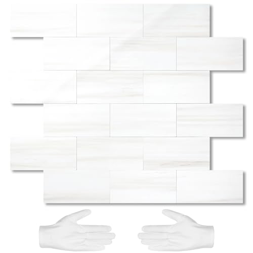 STICKGOO 10-Sheet Subway Tile Peel and Stick Wall Tiles, Seamless Design Polished Dolomite Kitchen Backsplash, PVC Stick on Tiles for Kitchen, Bathroom, RV, Fireplace - color: Polished Glossy Dolomite