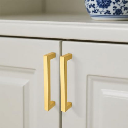KNOBWELL 20Pack 5 Inch Brushed Gold Cabinet Pulls Stainless Steel Kitchen Cabinet Handles Square Drawer Pulls Modern Cabinet Hardware Handles，128mm Hole Centers - color: Brushed Gold, size: Hole Center:5 inch(128mm)