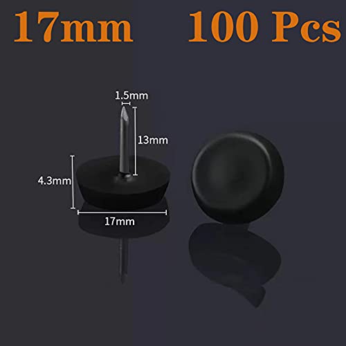 17mm Black Nylon Furniture Sliders Nail-On - Chair Leg Floor Protectors - Glides With Nail Head for Chair, Table Leg Feet (Flat Bottom, 100 Pcs) - size: 17mm