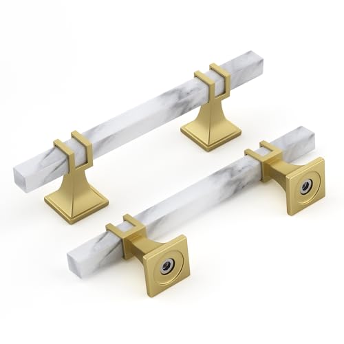 Rergy 10 Pack Cabinet Handles, White Marble & Matte Gold Pulls, 3.75" - color: White Marble & Matte Gold &Square, size: 3-3/4 inch (96mm) Hole Center