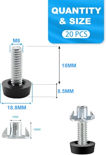 M8 Thread Furniture Feet Levelers - 20 Pack Adjustable Leveling Feet with Threaded Insert for Desk, Chairs, Table, Cabinets, Stool Legs - size: M8