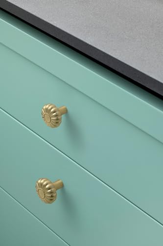 12 Pack Elegant Golden Floral Brushed Brass Cabinet Knobs, Bloom Drawer Pulls for Kitchen, Dresser Cabinet Hardware for Bedroom, 1-1/4 Inches Diameter Handles - color: Brushed Brass