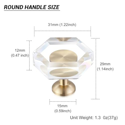 Guank 2-Pack Brass Base Crystal Drawer Knobs,Glass Crystal Gold Cabinet Knobs,1-5/16-Inch Hexagon,Kitchen Hardware Pulls, Modern Bathroom Hardware knob - color: hexagonal-1.2inch, size: 2 Pack