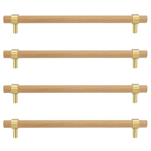 Adjustable Drawer Pulls Natural Wood and Brass Cabinet Handles for Kitchen Cupboard Closet,4Set Boho Wood and Gold Dresser Knob Unfinished DIY Brushed Brass Base 7~9.5 Inch 4Pack - size: 7~9.5 Inch 4Pack