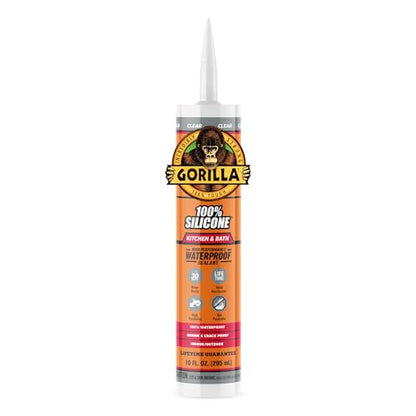 Gorilla 100% Silicone Caulk, Kitchen & Bath Sealant, 10oz Cartridge, Clear - color: Clear, size: 10 Ounce