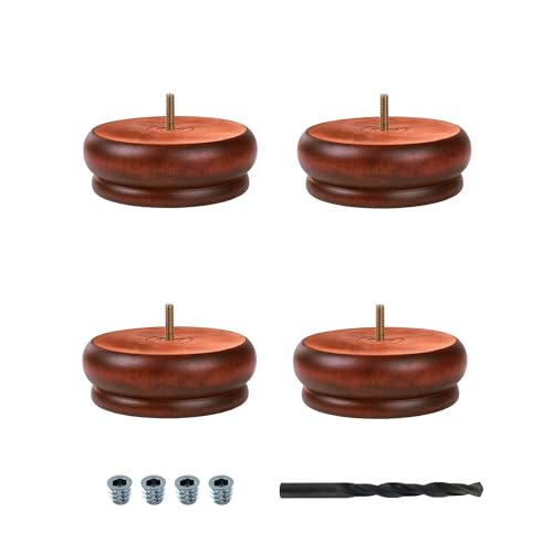 OUTWATER 4 in. H x 4-7/8 in. Dia Stained Cherry Solid Hardwood Bun Foot Leg for Furniture 4 Pack with 4 Free Insert Nuts and Drill Bit - color: Cherry