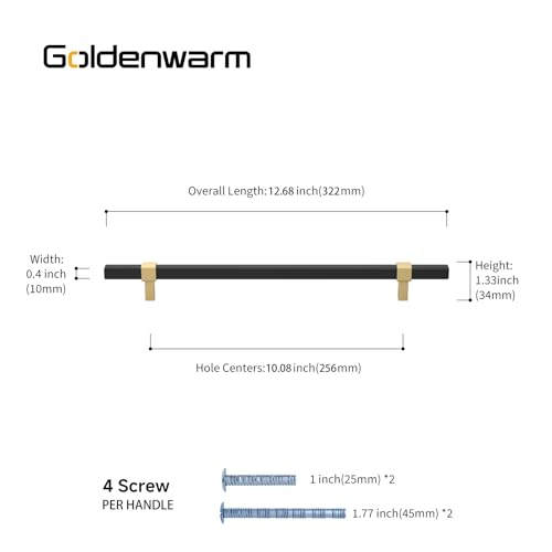 Goldenwarm 10 Pack 10 Inch Black and Gold Cabinet Pulls, Zinc Alloy - size: 10'' Hole Center