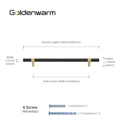 Goldenwarm 10 Pack 10 Inch Black and Gold Cabinet Pulls, Zinc Alloy - size: 10'' Hole Center