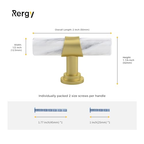 Rergy 10 Pack Cabinet knobs, White Marble & Matte Gold Single Hole Pulls - color: White Marble & Matte Gold, size: Single Hole