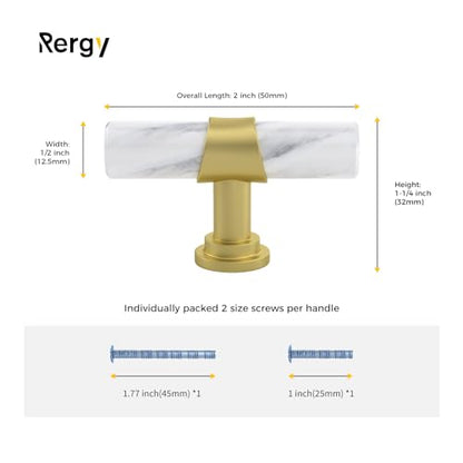 Rergy 10 Pack Cabinet knobs, White Marble & Matte Gold Single Hole Pulls - color: White Marble & Matte Gold, size: Single Hole