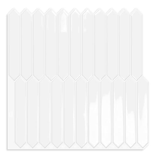 White Long Hexagon Tile Peel and Stick Backsplash, 10 Sheets Self-Adhesive Wall Tiles Stick on Back Splash for Kitchen, Bathroom, Fireplace,RV(12"×12") - color: White