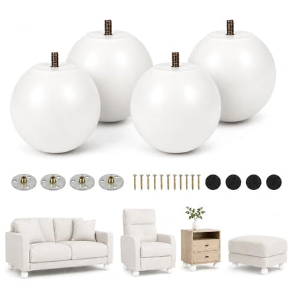 4 Inch Wooden Sofa Legs Set of 4 White Wood Round Sofa Legs with Mounting Plate Screws Solid Wood Furniture Feet for Couch Bed Cabinet Bookcase Ottoman - color: White