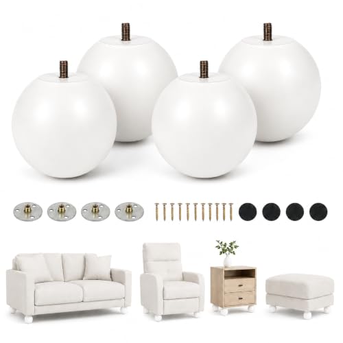 4 Inch Wooden Sofa Legs Set of 4 White Wood Round Sofa Legs with Mounting Plate Screws Solid Wood Furniture Feet for Couch Bed Cabinet Bookcase Ottoman - color: White