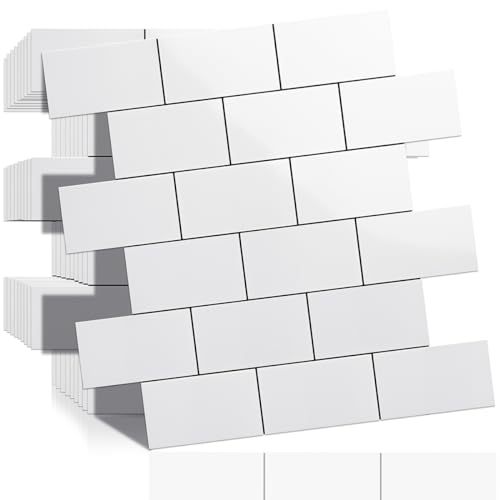 DICOFUN 10-Sheet Polished White Thick PVC Peel and Stick Backsplash, Ceramic Look Subway Tile White Kitchen Backsplash Peel and Stick Wall Tiles - color: Polished White, size: 10 Sheets, 12"x12"x0.12"