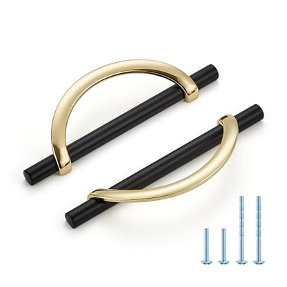 Polished Brass & Matte Black Cabinet Pulls Curved, 5 Inch/128 mm, 10 Pack - color: Gold & Matte Black, size: 5 Inch Hole Center