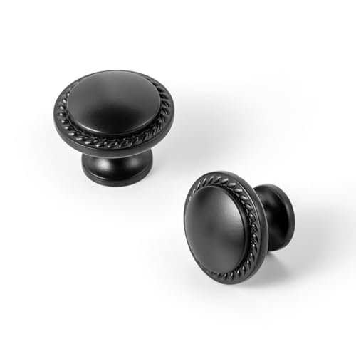 Set of 12 Modern Matte Black Cabinet Knobs with Wheatear Border – Classic Round Design for Kitchen Drawers Contemporary Dresser Handles - color: Matte Black