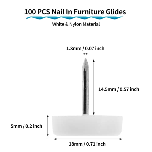 100 PCS 18mm Nylon Nail-in Glides, Chair Leg Floor Protectors - size: 100 PCS