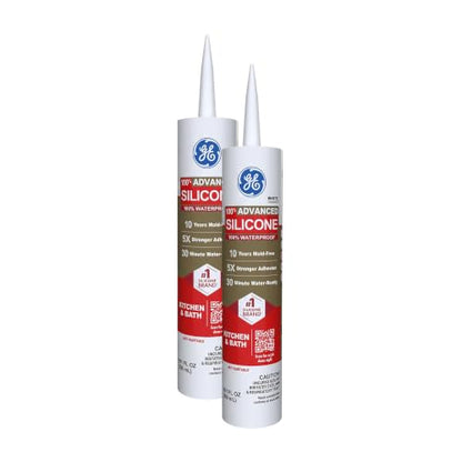 GE Advanced Silicone Caulk for Kitchen & Bathroom, White, 10 fl oz Cartridge, 2 Pack - 100% Waterproof Silicone Sealant, 5X Stronger Adhesion, Shrink & Crack Proof - size: Pack of 2, style: White