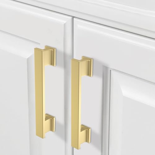 COTYKILEY 10 Pack 5 Inch(128mm) Brushed Brass Cabinet Handles Gold Kitchen Cabinet Pulls Cabinet Door Handles Kitchen Cabinet Hardware - color: Brushed Brass, size: 5" Hole Center（128MM）