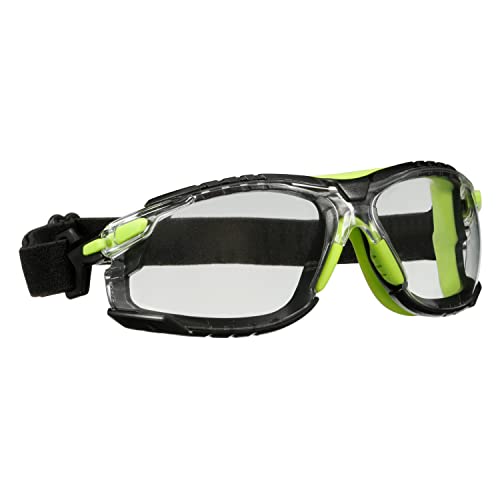 3M Safety Glasses, Solus 1000 Series, S1201SGAF-TSKT, Green/Black, Scotchgard Anti-Fog Coating, Clear Lens, Anti Scratch, with TPE Gasket and Elastic Strap, Pack of 1