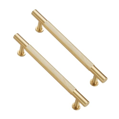 5" Knurled Solid Brass Cabinet Pulls, Brushed Matt Gold 5-Pack - color: Brushed Brass, size: 5 Inch Hole Center