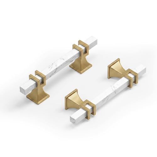 Haliwu 20 Pack 3 inch White Marble and Champagne Bronze Cabinet Handles - color: White Marble & Champagne Bronze, size: 3 inch Hole Center Pull