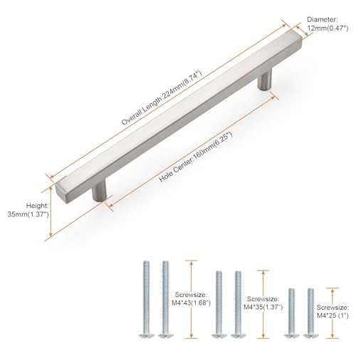 Probrico Brushed Nickel Cabinet Pulls & Handles 6.3" CC Square 5 Pack - color: Brushed Nickel, size: Hole Center: 160mm(6.3inch)