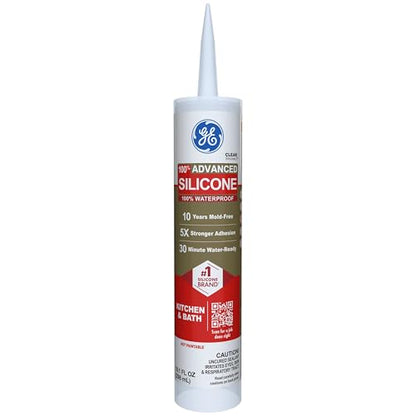 GE Advanced Silicone Caulk for Kitchen & Bathroom, Clear, 10 fl oz Cartridge, 12 Pack - 100% Waterproof Silicone Sealant, 5X Stronger Adhesion, Shrink & Crack Proof - size: Pack of 12, style: Clear