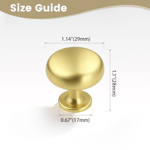 12 Pack Solid Cabinet Knob Brushed Brass Kitchen Drawer Knob,Dresser Knob Brass Furniture Hardware, Diameter:1-1/5" - color: Brushed Brass