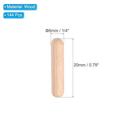 PATIKIL 1/4 Wooden Dowel Pins 144Pcs M6x20mm Wood Dowel Pins Hardwood Pegs - size: M6x20mm