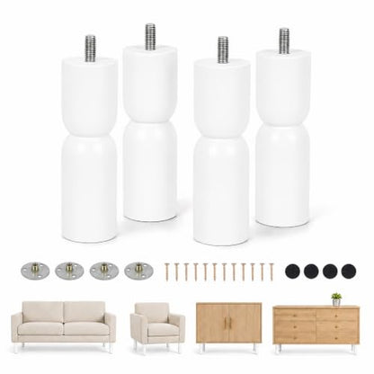 5.1 Inch wooden legs for furniture set of 4 Wood Furniture Legs Couch Feet Colorful Round Sofa Furniture Replacement Solid Wood Furniture Feet for Couch Bed Chair Cabinet Bookcase Dresser Ottoman - color: White