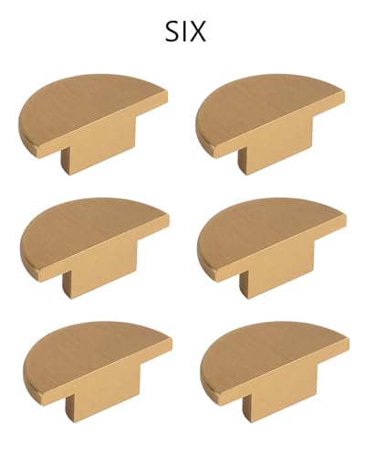 6 Pack Brushed Brass Gold Cabinet Handles Half Moon Knobs Dresser Pulls and Knobs Drawers Small Knob Single Hole Pulls Semi Circle Copper Color - color: brush gold, size: 1.6 inch