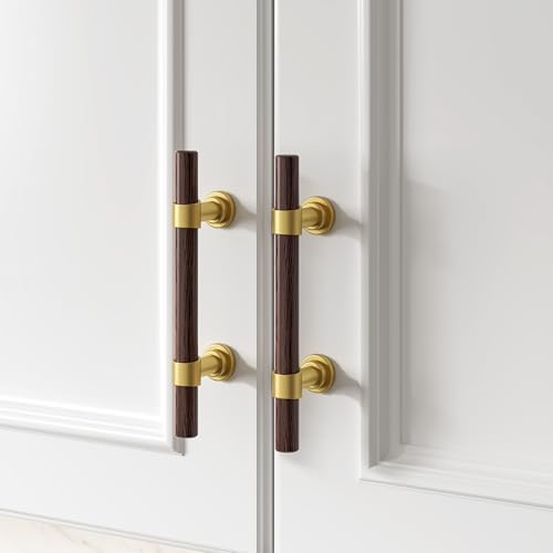 homdiy 10 Pack 3 Inch Hole Center Wood Cabinet Pulls Gold Cabinet Handles - color: Walnut Wood Grain& Matte Gold, size: 3 in Hole Centers