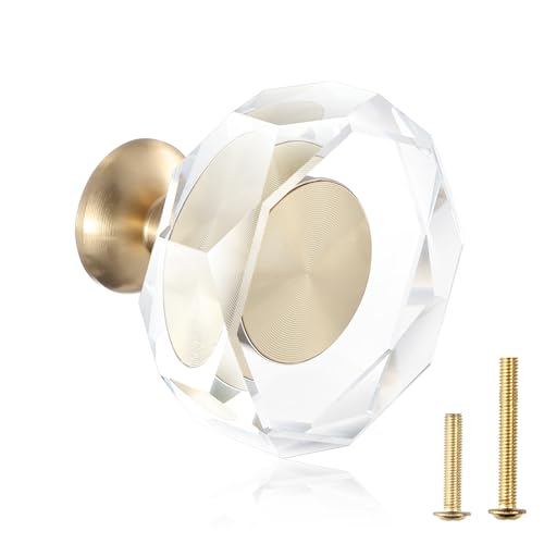 Guank 12-Pack 1-1/4-Inch White Cabinet Glass Crystal Patterned knob Brass Drawer Dresser Pulls, Gold Hardware Kitchen Closet knobs for Bifold Doors - color: Crystal Patterned -1.2inchn, size: 12 Pack