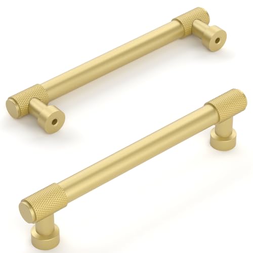 Amerdeco 10 Pack Brushed Gold Knurled Cabinet Pulls 6.3 Inch(160mm) Hole Center Kitchen Cabinet Handles Drawer Pulls Cabinet Hardware ZH0034 - color: Brushed Gold, size: 6.25"/160mm Hole Center