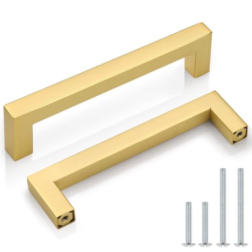 Probrico 5 Pack Gold Cabinet Pulls Square Kitchen Cabinet Hardware 5 Inch(128mm) Hole Center Modern Drawer Handles Brushed Brass Drawer Pulls for Cupboard - color: Gold, size: hole center 5"